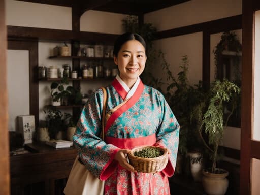 자연스러운 외모를 가진 30대 혼혈 여성의 반신 상반신 사진으로, 밝은 전통 한복을 입고 자신감 넘치는 표정을 지으며 한약 조제를 하고 있습니다. 한 손에는 한약 재료가 담긴 작은 바구니를 들고, 한쪽 어깨에는 가방을 메고 있습니다. 아늑한 한의원 내부가 자연광으로 따뜻하게 비추어지며, 전통적인 한약재와 식물들로 둘러싸인 조화로운 분위기를 연출합니다.