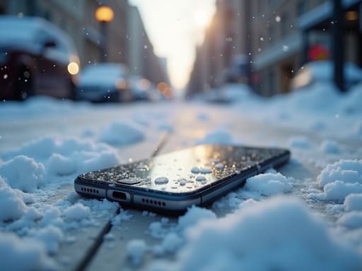 눈 덮인 거리의 스마트폰, 부드러운 눈송이가 떨어지고, 자연광에 비춰진, 현실적인 텍스처와 반사로 평화롭고 차가운 분위기를 만들어냅니다.