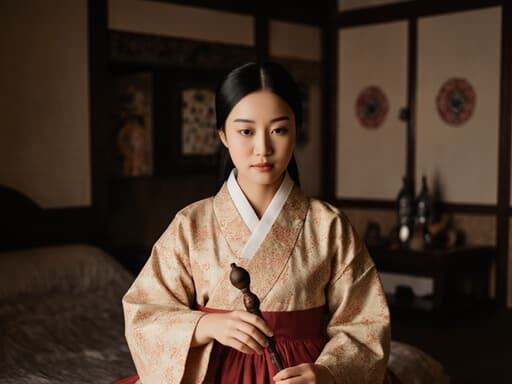 따뜻한 색상의 전통 한복을 입고 있는 10대 초반의 혼혈 소녀가 전통 장식으로 가득한 아늑한 침실에서 치료 도구를 우아하게 들고, 차분한 자신감과 우아함을 발산하고 있습니다.