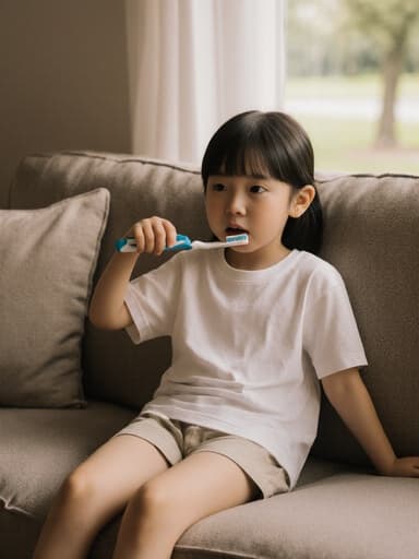 7세 동양인 소녀가 아늑한 거실의 소파에 앉아 자연스러운 외모로 티셔츠와 반바지를 입고 칫솔을 들고 지루한 표정을 짓고 있는 반신 촬영. 창 밖으로는 평화로운 공원이 보인다.