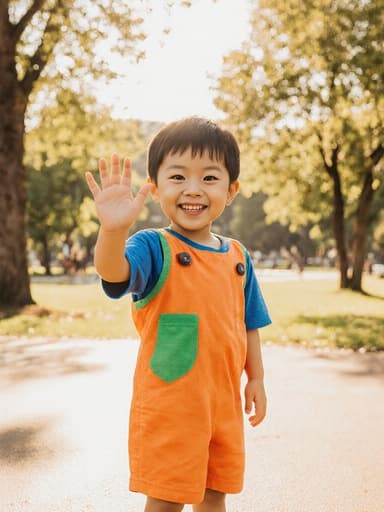 밝은 유치원 옷을 입은 7세 아시아계 남자아이가 공원에서 친구들과 놀 준비를 하며 즐겁게 손을 흔들고 있는 모습으로, 행복과 흥분이 가득 차 있습니다.
