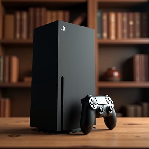 고전 도서관에 배치된 게임 콘솔, 나무 선반에 가죽 제본된 책들이 있으며, 따뜻하고 초대하는 분위기를 보여줍니다.