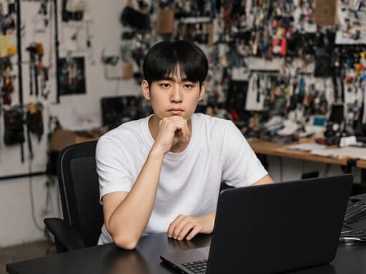 10대 후반의 아시아계 남성이 모던한 디자인 스튜디오에서 반신을 담은 모습으로 촬영되었습니다. 그는 편안한 티셔츠와 청바지를 입고 있으며, 손으로 턱을 괸 채 고민하는 표정을 지으며 디자인 도구와 샘플들로 가득한 창의적인 분위기 속에 있습니다.