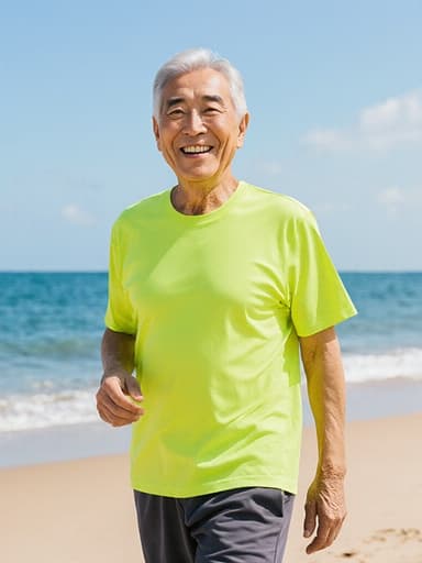 건강하고 활기찬 60대 한국인 남성이 편안하고 스타일리시한 요가복을 입고 있는 전신 샷입니다. 밝은 색상의 티셔츠와 바지를 착용하고 있으며, 요가 자세로 걷고 있습니다. 한 손은 허리에 가볍게 두고, 다른 손은 자연스럽게 늘어뜨리며 행복한 표정을 짓고 있습니다. 배경은 아름다운 해변과 푸른 바다, 하늘이 어우러진 경치를 보여주며, 건강한 라이프스타일 테마를 잘 나타내는 평화롭고 uplifting한 분위기를 자아냅니다.