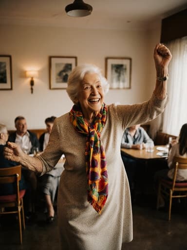 이 이미지는 80세 백인 여성이 아늑한 카페에서 가족과 함께 즐겁게 춤추고 있는 모습을 담고 있습니다. 그녀는 편안한 원피스와 밝은 색상의 스카프를 착용하고 있으며, 따뜻한 조명과 가족의 모임 속에서 행복과 편안함을 발산하고 있습니다.