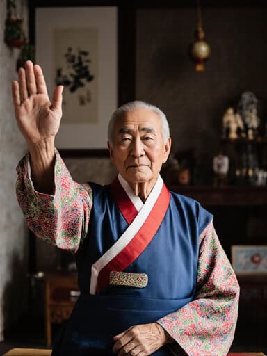 이미지에는 전통 한복을 입고 편안하게 스트레칭하는 80대 아시아계 남성이 등장하며, 아늑한 거실의 전통 장식으로 둘러싸여 있습니다. 자연스러운 조명과 따뜻한 색감이 장면의 아늑한 분위기를 강조합니다.