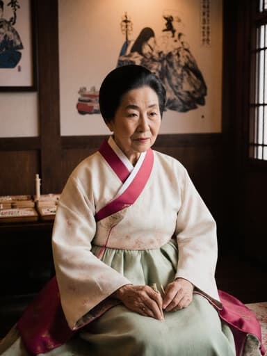 전통 한복을 입은 70대 혼혈 여성의 반신 사진으로, 무관심한 표정을 지으며 크로스 레그로 앉아 전통 놀이 도구를 들고 있습니다. 배경은 전통 놀이를 즐길 수 있는 아늑한 카페의 내부로, 한국 전통 소품들이 장식되어 있어 따뜻하고 초대하는 분위기를 만들어냅니다.
