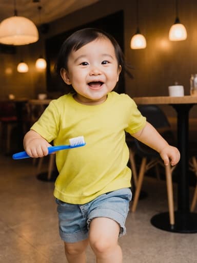 밝은 색상의 편안한 티셔츠와 반바지를 입은 귀여운 1세 동양인 여아가 칫솔을 손에 들고 즐거운 표정으로 뛰어가는 모습이 아늑한 카페 내부에서 따뜻한 조명 아래 펼쳐져 있는 장면입니다.