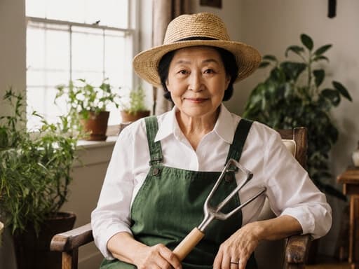 60대의 동양인 여성이 편안하게 의자에 앉아 농업 도구를 들고 있는 반신 촬영으로, 식물로 가득한 아늑한 농장 스타일의 거실에서 친환경 농업 주제를 보여주며 자신감 있는 모습을 담고 있습니다.