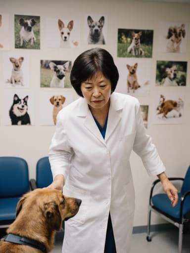 50대 아시아계 여성의 전신 사진으로, 동물 진료를 위한 의사복을 입고 걱정스러운 표정으로 작은 동물에게 다가가기 위해 점프하고 있는 모습이며, 동물 사진이 걸린 아늑한 동물 병원 대기실에서 그녀의 헌신과 관심을 전달합니다.
