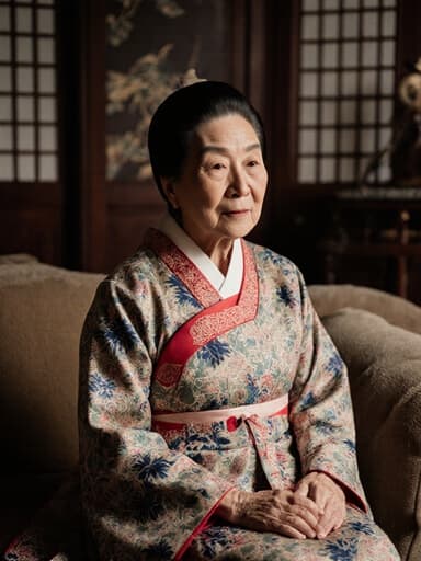 이 이미지는 전통적인 거실의 아늑한 소파에 앉아 있는 80세 아시아계 여성의 반신 사진을 담고 있습니다. 그녀는 아름다운 한복을 입고 있으며, 전통 의상의 우아함을 보여줍니다. 무관심한 표정은 장면에 독특한 감정적 깊이를 더하고, 배경의 따뜻하고 전통적인 장식이 아늑한 분위기를 만들어냅니다.