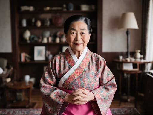 80대의 우아한 한국인 여성이 화려한 전통 한복을 입고 따뜻한 미소를 지으며 두 손을 모아 인사하는 모습의 반신 사진, 전통 가구와 소품들로 가득한 아늑한 거실 배경.