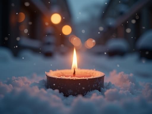 티라이트 캔들, 눈 내리는 겨울 거리, 어두운 황혼의 분위기