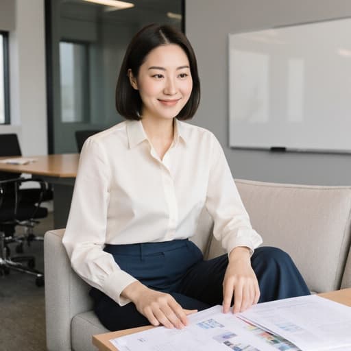 30대 한국인 여성의 반신 사진으로, 자연스러운 아름다움을 지닌 자신감 넘치는 미소를 보여줍니다. 그녀는 현대적인 회의실의 세련된 소파에 편안하게 앉아 있으며, 편안한 블라우스와 슬랙스를 착용하고 있습니다. 그녀는 앞에 놓인 연구 자료를 바라보며 차분하고 집중된 모습을 연출하고 있습니다. 배경은 화이트보드와 책상이 있는 현대적인 인테리어로, 전문적이면서도 매력적인 분위기를 잘 드러냅니다.