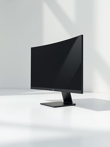 미니멀 화이트 스튜디오에 있는 모니터, 깨끗하고 현대적인 분위기, 부드러운 그림자와 자연광이 세련된 디자인과 초슬림 프로필을 강조합니다.