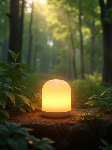 아늑한 밝기를 가진 램프, 아침 이슬이 맺힌 울창한 숲속에 위치, 고요하고 평화로운