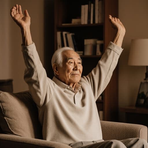 80대 아시아계 남성이 편안한 홈웨어를 입고 아늑한 거실에 앉아 있는 반신 샷입니다. 그는 지루한 표정을 지으며 팔을 위로 쭉 뻗고 있으며, 소파와 책장이 있는 따뜻하고 초대하는 분위기 속에 있습니다.