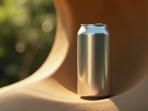 유기적으로 곡선진 자연 환경에 있는 음료 캔의 클로즈업, 따뜻한 자연광으로.