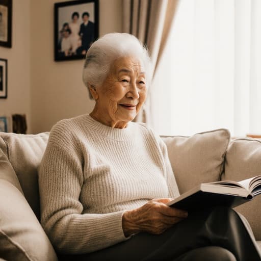 80대 아시아계 여성의 따뜻하고 아늑한 하프 바디 샷. 부드러운 주름이 있는 자연스러운 외모를 보여주며, 편안한 니트와 세련된 슬랙스를 착용하고 있습니다. 그녀는 푹신한 소파에 앉아 가족 사진 앨범을 바라보며 따뜻한 미소를 지으며 조용히 추억에 잠겨 있습니다. 배경은 가족 사진들이 벽에 걸려 있는 아늑한 거실이며, 창가로 햇살이 들어와 평화로운 분위기를 만들어냅니다.