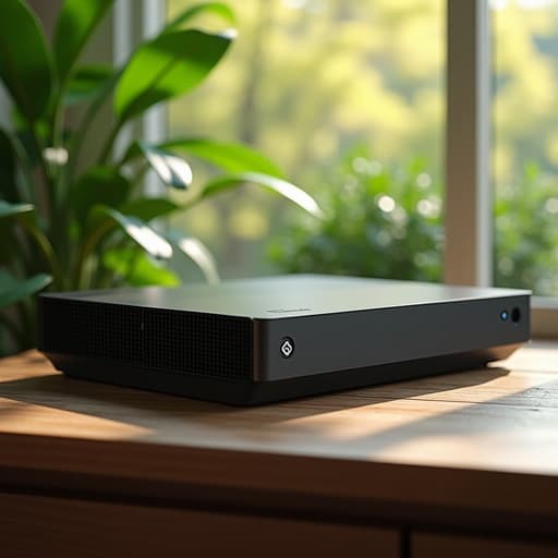 나무 테이블 위에 있는 게임 콘솔, 생기 넘치는 봄의 신록으로 둘러싸여 있으며, 신선하고 활기찬 분위기.