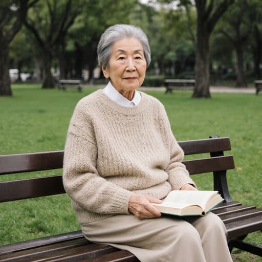 70대 한국인 여성이 편안한 니트 스웨터와 바지를 입고 벤치에 앉아 책을 무심코 들고 있는 반신 샷입니다. 그녀의 표정은 무관심하며, 푸른 잔디와 나무, 벤치가 있는 공원 배경이 평화롭고 편안한 분위기를 자아냅니다.