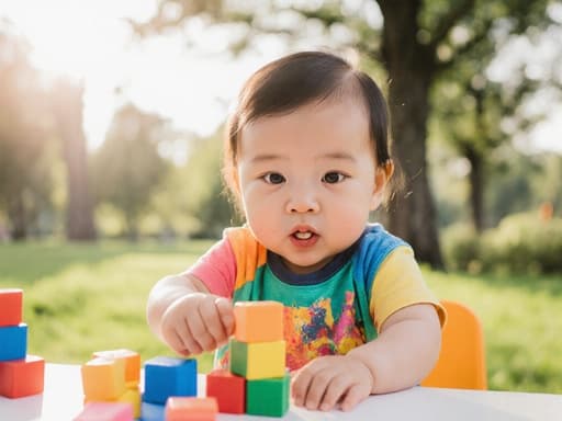 한 살 된 아시아계 여자 아기가 화사한 색상의 티셔츠와 레깅스를 입고 배고픈 표정을 지으며 입술을 쭈그리고 앉아 있습니다. 그녀는 테이블에 앉아 블록을 손에 쥐고 쌓으려는 자세를 취하고 있습니다. 배경은 부드러운 햇살이 비치는 공원으로, 푸른 잔디와 나무들이 어우러져 따뜻하고 초대하는 느낌을 줍니다.