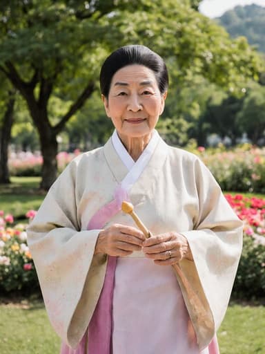 70대 한국인 여성이 전통 한복을 입고 놀이 도구를 들고 있는 모습의 전신 사진, 푸르른 나무와 꽃들로 가득한 공원에서 약간의 피곤한 미소를 띠고 있습니다.