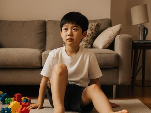 7세 아시아계 남성이 자연스러운 모습으로 따뜻한 거실의 소파에 앉아 있는 반신 촬영입니다. 편안한 티셔츠와 반바지를 입고 지루한 표정을 지으며 다리를 뻗고 춤추려는 모습을 보여줍니다. 장난감이 있는 따뜻한 배경이 플레이풀하면서도 캐주얼한 분위기를 만들어냅니다.