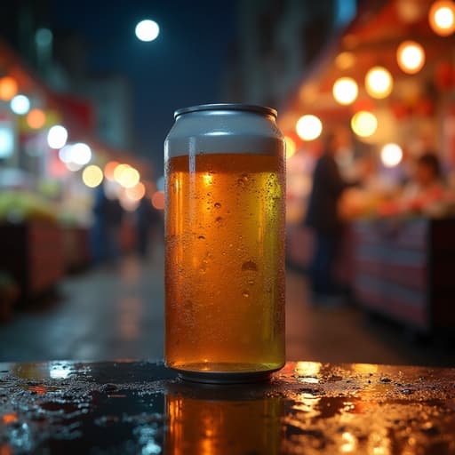 캔, 식품, 야시장 거리, 화려한 조명, 흐릿한 상점, 생생한 분위기, 따뜻한 빛