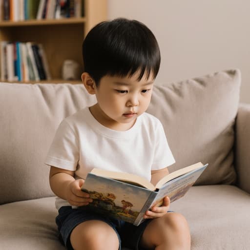 귀여운 3세 아시아계 남성이 손에 책을 들고 호기심 어린 표정으로 바라보는 반신 사진으로, 편안한 티셔츠와 반바지를 입고 있으며, 소파와 책장이 있는 따뜻한 분위기의 아늑한 거실에서 촬영되었습니다.