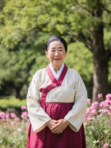 전통 한복을 입고 아름다운 공원에서 나무와 꽃들로 둘러싸인 80세 한국인 여성의 전신 샷입니다. 그녀는 따뜻한 미소로 친근한 느낌을 주며, 손을 부드럽게 모으고 서 있습니다. 한복의 생생한 색상이 자연의 푸르름과 꽃의 배경과 아름답게 대비되어 조화롭고 초대하는 분위기를 만들어냅니다.