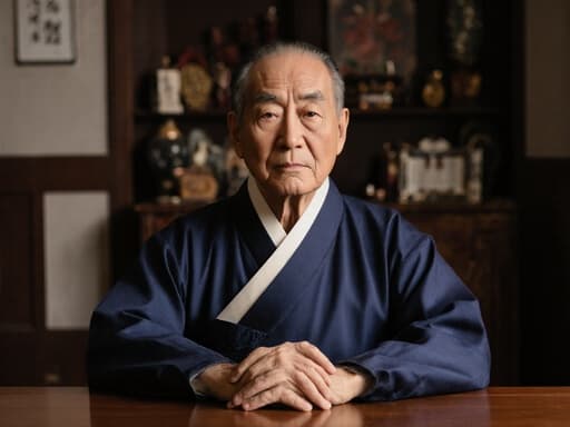 70대 혼혈 남성이 따뜻한 느낌의 거실에서 테이블에 무관심한 표정을 지으며 앉아 있습니다. 그는 전통적인 한복을 착용하고 손을 테이블 위에 자연스럽게 두고 있으며, 전통 한국 소품들로 둘러싸여 차분하고 문화적인 분위기를 자아냅니다.