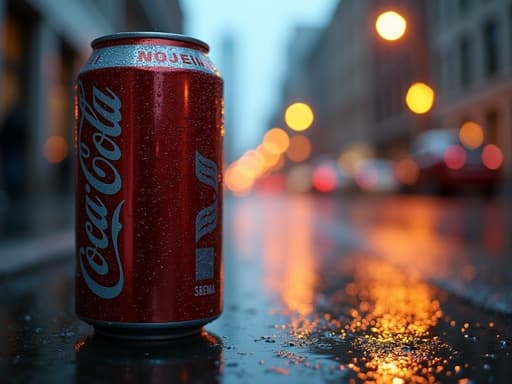 흐린 하늘 아래 도시 환경에서 도시의 불빛이 반사된 표면에 물방울이 맺힌 음료 캔의 클로즈업, 흐릿한 젖은 아스팔트 거리와 함께.