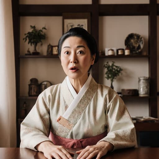 50대 아시아계 여성이 전통 한복을 입고 놀란 표정을 지으며 상담용 테이블에 손을 올리고 있는 반신 사진. 배경은 한약재와 도구들이 배치된 전통 한의원 내부입니다.