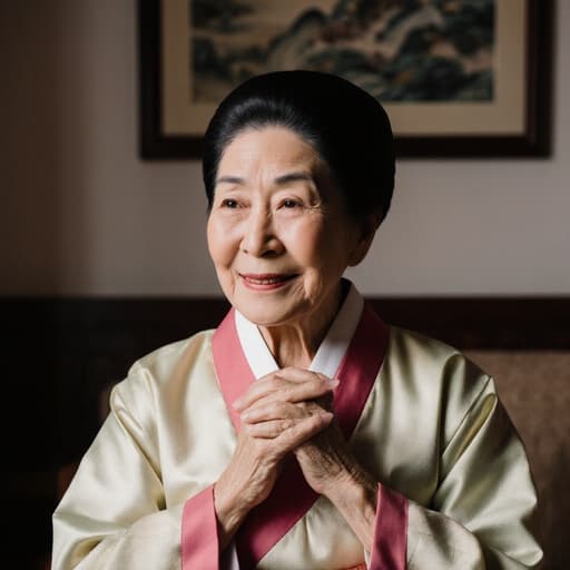 70대 아시아계 여성의 반신 사진으로, 전통 한국 한복을 착용하고 있습니다. 그녀는 아늑한 전통 거실에 편안하게 앉아 있으며, 손을 가슴에 모으고 따뜻하고 고마운 미소를 짓고 있습니다. 배경에는 벽에 걸린 아름다운 전통 한국 그림들이 있어, 장면의 문화적 분위기를 더욱 돋보이게 하며, 그녀를 이 평화롭고 초대하는 환경의 중심으로 만들어줍니다.