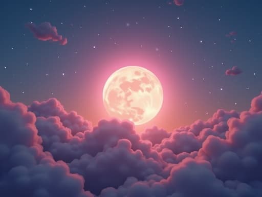 중앙에 위치한 무드등, 따뜻한 빛을 발하는 부드러운 곡선, 배경의 무지개 하늘과 부드러운 구름, 고요하고 기발한 분위기.