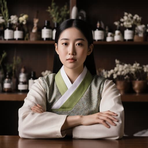 중동계 10대 소녀가 한의원 테이블에 앉아 전통 한복을 입고 있습니다. 무관심한 표정을 지으며 팔짱을 끼고 있으며, 한의원 내부의 약재와 치료 도구들로 둘러싸여 있습니다. 따뜻한 조명이 장면의 문화적 세부사항을 강조합니다.
