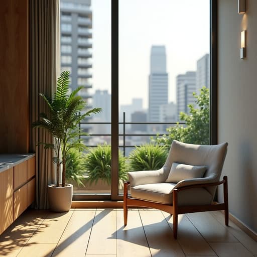 의자, 가구, 녹지가 있는 도시 옥상 정원, 평화롭고, 현대적이며, 매력적인