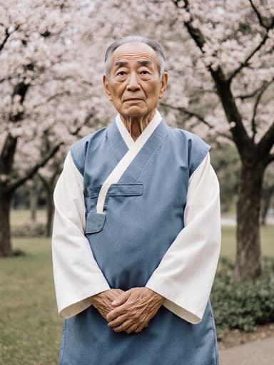 80대 한국인 남성이 부드러운 파란색과 흰색의 전통 한복을 입고, 약간 구부정한 자세로 손을 모으고 서 있는 모습입니다. 걱정스러운 표정을 지으며 평화로운 공원 배경에서 나무와 꽃들이 어우러져 있습니다.