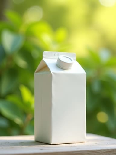 우유 팩, 생기 넘치는 녹색 봄 잎 배경, 신선하고 활기차며 평화로운