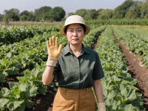 걱정스러운 표정을 지은 30대 아시아계 여성이 농작물 재배를 위한 작업복과 장갑을 입고 있는 반신 사진. 그녀는 농작물로 가득한 푸른 농장에서 한 손으로 친근하게 인사하는 자세를 하고 있습니다. 자연스러운 배경이 농업 주제와의 연결을 강조하며, 그녀의 표정은 걱정을 담고 있어 생동감 있는 배경과 잘 어우러집니다. 부드럽고 따뜻한 조명이 그녀의 의상과 주변의 초록색을 강조합니다.