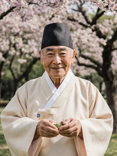 70대의 지혜로운 한국인 남성이 부드러운 파스텔 톤의 전통 한복을 입고 있는 반신 촬영입니다. 그의 얼굴에는 따뜻한 미소가 가득하여 지혜와 평온함을 반영합니다. 그는 손에 전통 음식 재료를 부드럽게 들고 기다리고 있습니다. 배경은 나무와 꽃들로 둘러싸인 아름다운 공원으로, 주제의 의상과 태도를 보완하는 평화롭고 조화로운 환경을 만들어냅니다.