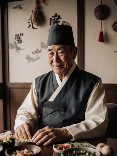 70세의 아시아계 남성이 전통 한복을 입고 아늑한 카페에 앉아 전통 음식 재료를 부드럽게 만지고 있습니다. 피곤한 듯한 표정 속에 미소가 스며들어 있으며, 따뜻하고 초대하는 분위기 속에서 요리 유산과의 연결을 나타내고 있습니다.