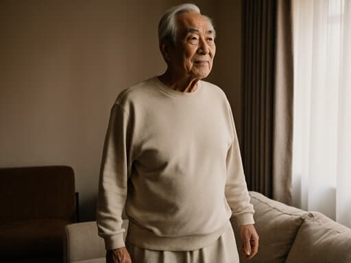 70대 동양인 남성이 편안한 홈웨어를 착용하고 아늑한 거실에서 천천히 걷고 있는 모습의 반신 사진. 그는 여유로운 표정으로 주변을 살피며 즐거운 시간을 보내고 있으며, 따뜻한 조명이 초대하는 분위기를 더욱 강조하고 있습니다.