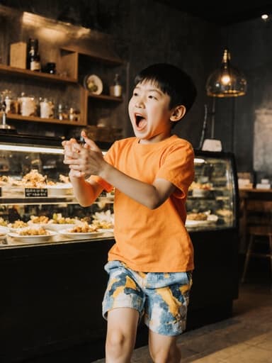 7세 한국인 남성이 자연스러운 외모로 밝은 색상의 반팔 티셔츠와 반바지를 착용한 전신 사진. 배고픈 표정을 지으며 입을 크게 벌리고, 아늑한 카페에서 다양한 음식이 진열된 가운데 음식을 잡으려 점프하는 모습.