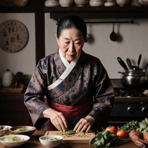 전통 한복을 입은 80대 한국인 여성의 따뜻한 이미지로, 아늑한 주방에서 음식을 준비하고 있습니다. 그녀는 재료와 상호작용하며 걱정스러운 표정을 지어 한국의 요리 전통을 담고 있습니다.