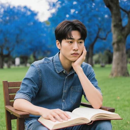 20대 아시아계 남성이 캐주얼한 셔츠와 청바지를 입고 공원에 앉아 있는 반신 사진. 그는 한 손으로 턱을 괸 채로 열린 책을 바라보며 깊은 고민을 하고 있는 표정이다. 공원은 푸른 나무와 잔디로 둘러싸여 있어 평화롭고 차분한 분위기를 자아낸다.