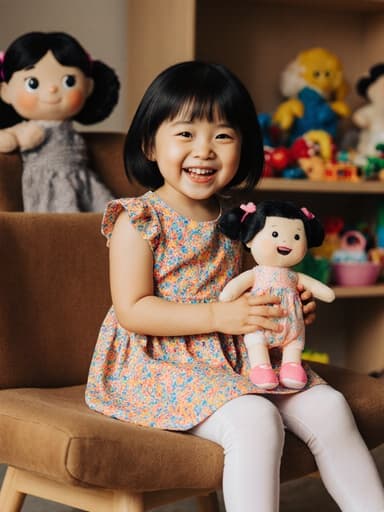 화사한 색상의 원피스와 레깅스를 입은 3세 한국인 소녀가 아늑한 거실에 앉아 인형을 손에 들고 즐겁게 웃고 있는 모습으로, 장난감들이 흩어져 있는 따뜻한 분위기 속에 있다.
