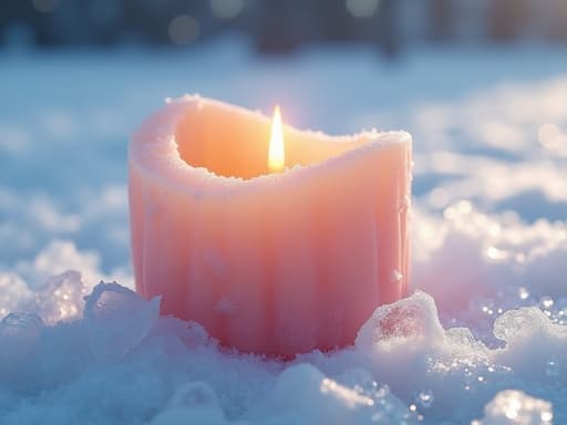 서리로 덮인 표면 위의 촛불, 결정 같은 얼음 장식과 함께 아늑하고 고요한 겨울 분위기를 만들어냅니다.