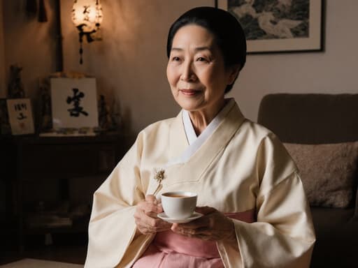 70대의 유럽계 여성이 전통 한복을 입고 아늑한 거실 바닥에 앉아 있습니다. 그녀는 찻잔을 들고 평온한 표정을 지으며 전통 한국 문화를 느끼는 여유로운 순간을 표현하고 있습니다.